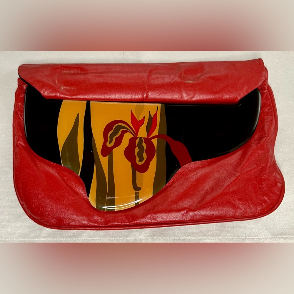Moonbags by Patricia Smith Red Leather Clutch with Artistic Lacquer Accents